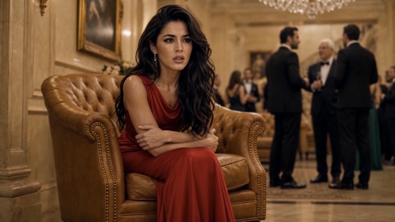 Pensive woman in a red evening gown sits alone on a tufted leather armchair at a formal luxury gala