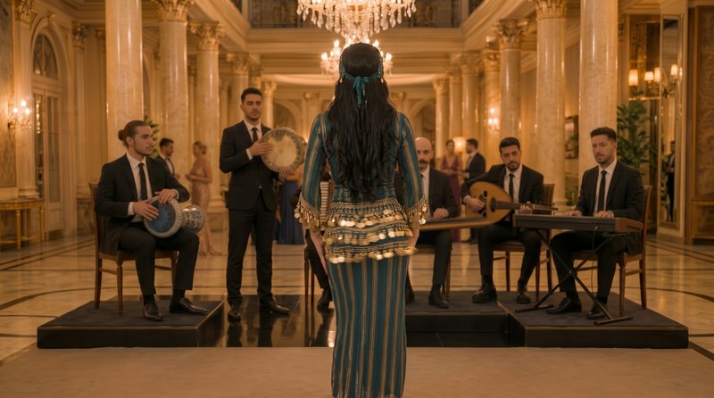 Woman in traditional dance attire facing a formal orchestra in an ornate luxury ballroom