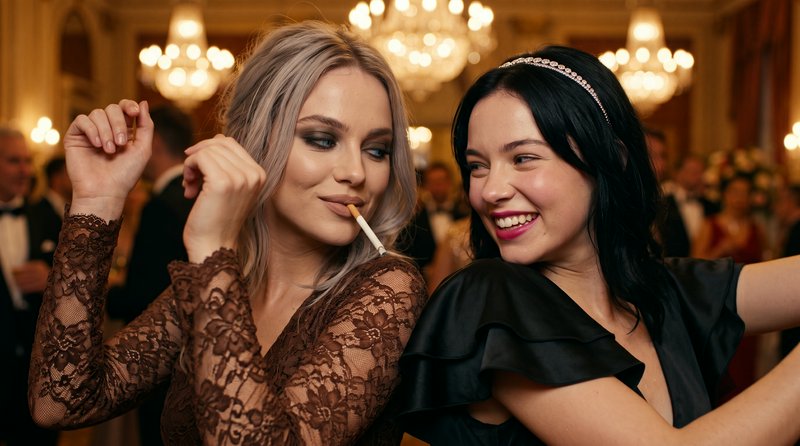 Two women dance and laugh together at a glamorous formal gala in a chandelier-lit ballroom