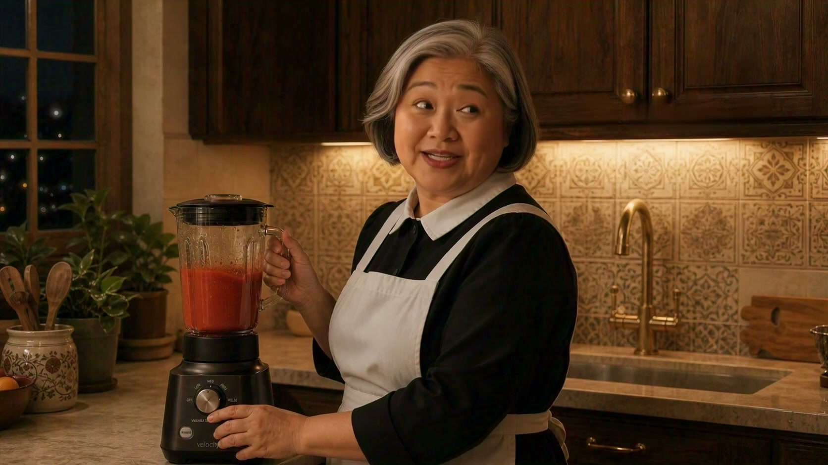 Cheerful Asian woman in a black top and white apron blends tomato juice in a kitchen blender.
