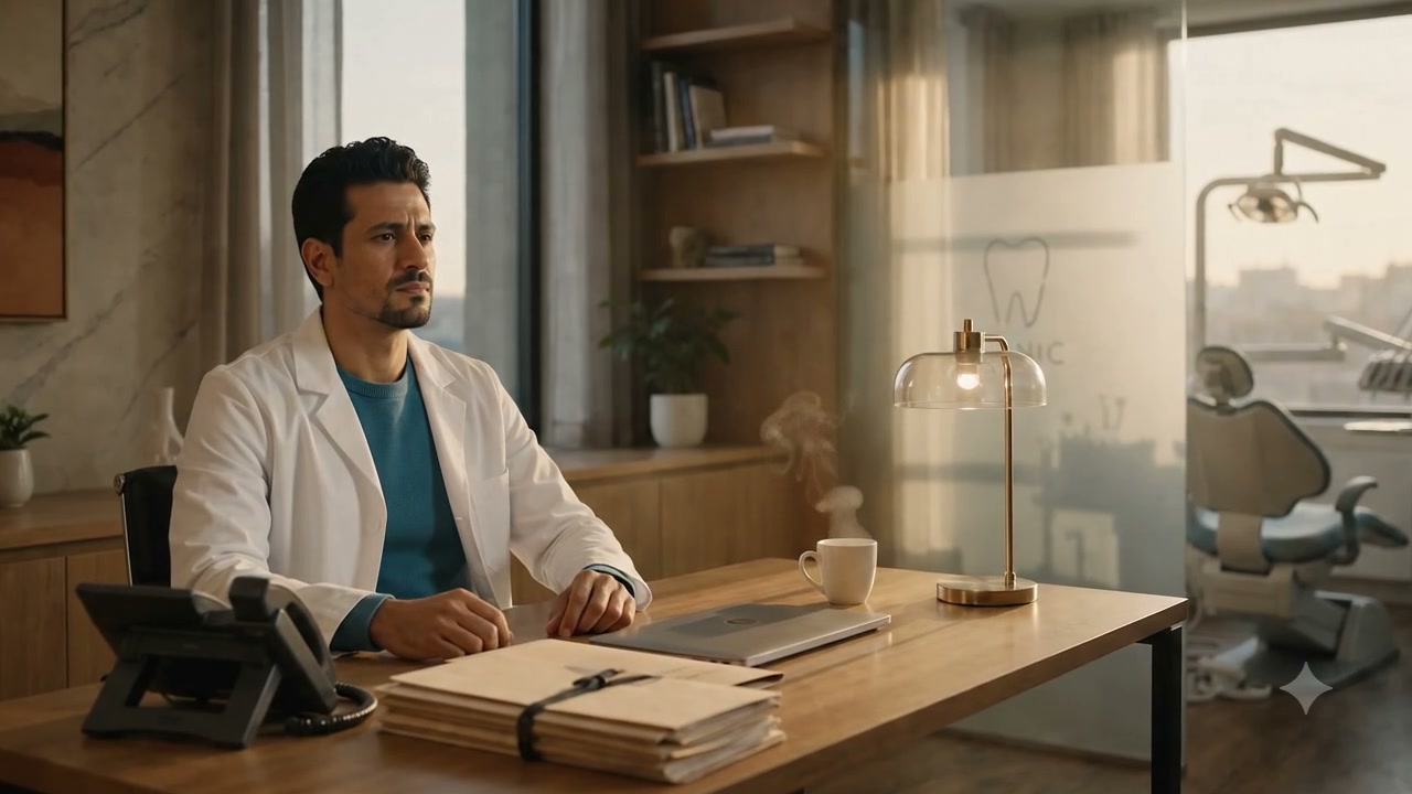 Male dentist in a white coat sits at a wooden desk in a modern clinic with a dental chair visible...