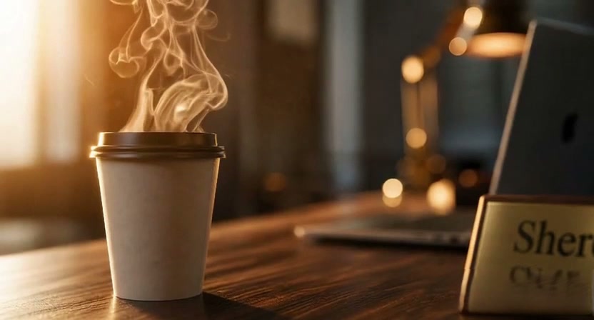 Steaming hot coffee cup on a wooden desk with a laptop and warm blurred office lights background