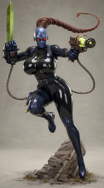 Glossy black-clad female action figure with red eyes, wielding a green energy sword and futuristi...
