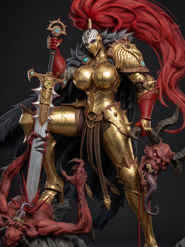 Detailed fantasy collectible statue of a golden-armored female warrior standing over defeated red...