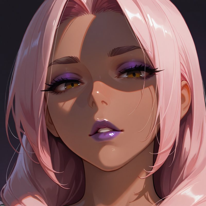 Anime-style digital portrait of a woman with long pastel pink hair, golden eyes, and purple makeu...
