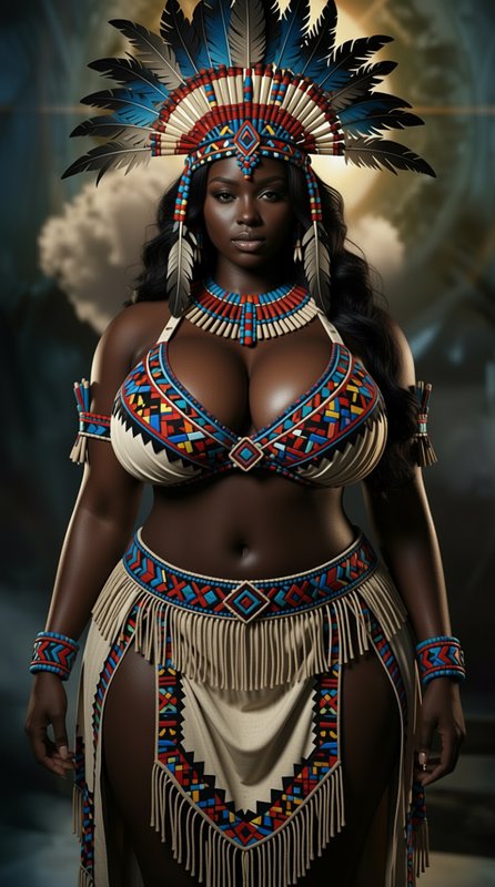 Curvy Black woman in ornate indigenous-inspired feathered headdress and beaded traditional regali...