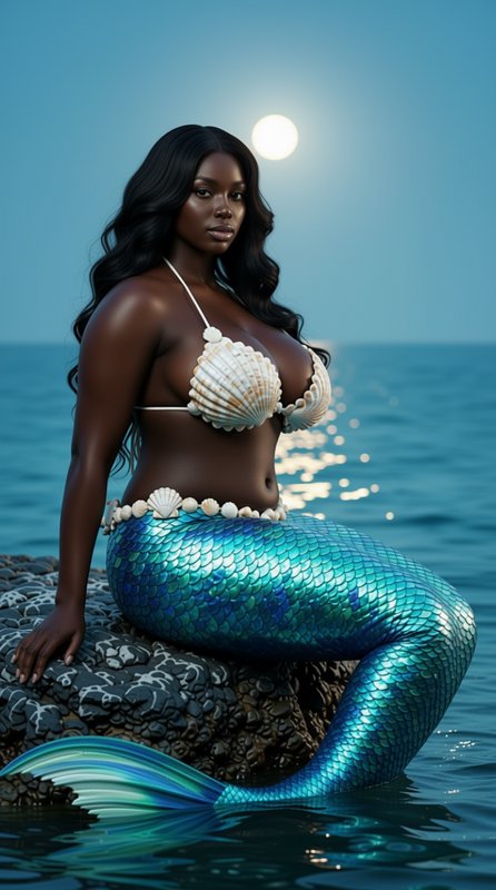 Black plus-size mermaid with iridescent teal tail sits on ocean rocks under a glowing full moon a...