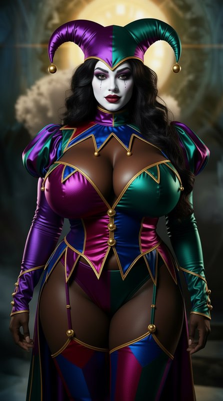 Curvy Black woman in a glossy split purple-green gothic jester costume with harlequin makeup, sta...