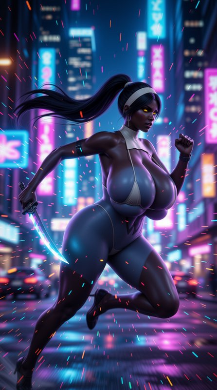 Dark-skinned cyberpunk female warrior runs with a glowing blade through rain-slicked neon futuris...