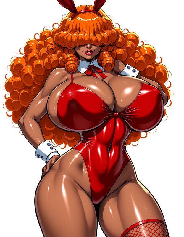Anime pinup of curvy dark-skinned woman in red bunny suit with voluminous curly orange hair, pose...