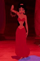 Animated princess in a red gown stands on a crimson-lit stage with dark hair and a confident pose.