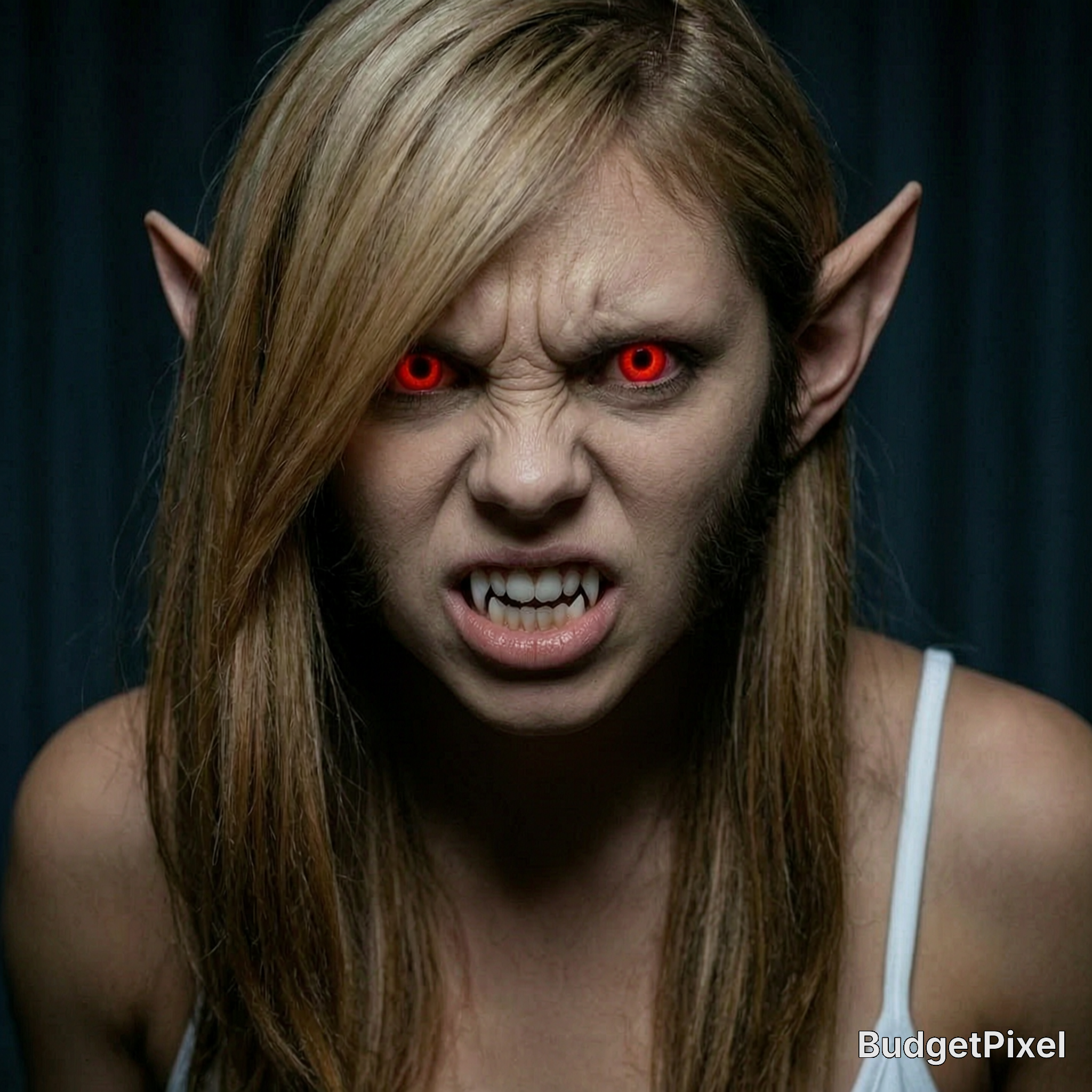 Close-up of a humanoid creature with red glowing eyes, fanged teeth, and pointed ears.