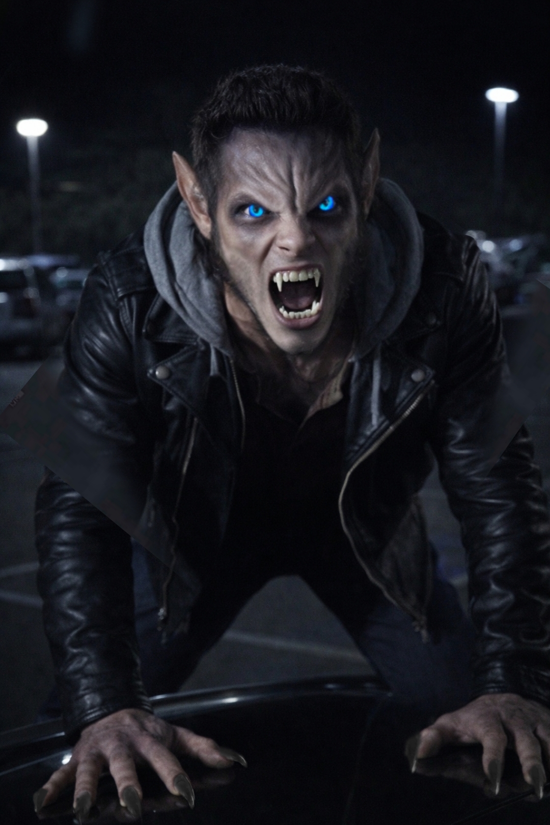 Angry werewolf with blue eyes snarling over a car hood at night in a parking lot.
