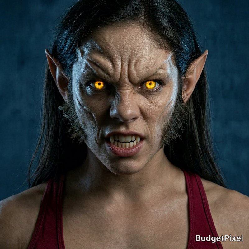 Close-up of a fierce werewolf-looking figure with glowing yellow eyes, fanged teeth, and facial s...