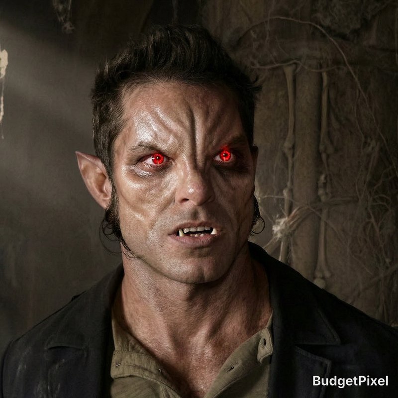 Vampire-like man with glowing red eyes in a dark, gritty setting.