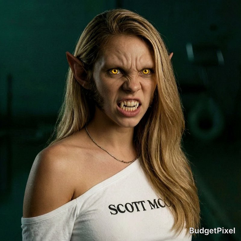 Angry fantasy elf woman with pointed ears, glowing yellow eyes, and long blonde hair in an off-sh...