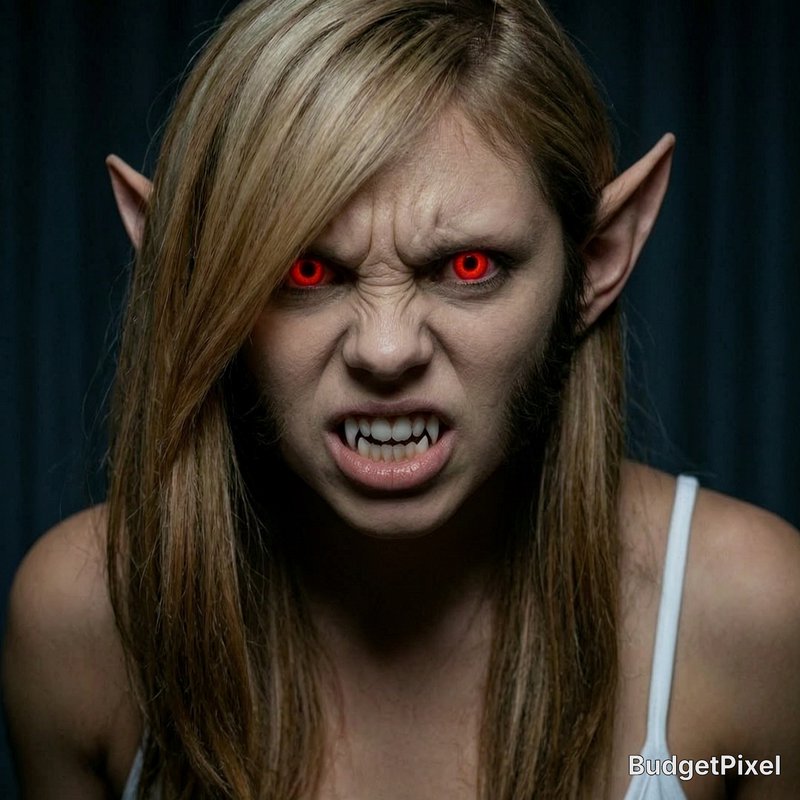 Close-up of a humanoid creature with red glowing eyes, fanged teeth, and pointed ears.