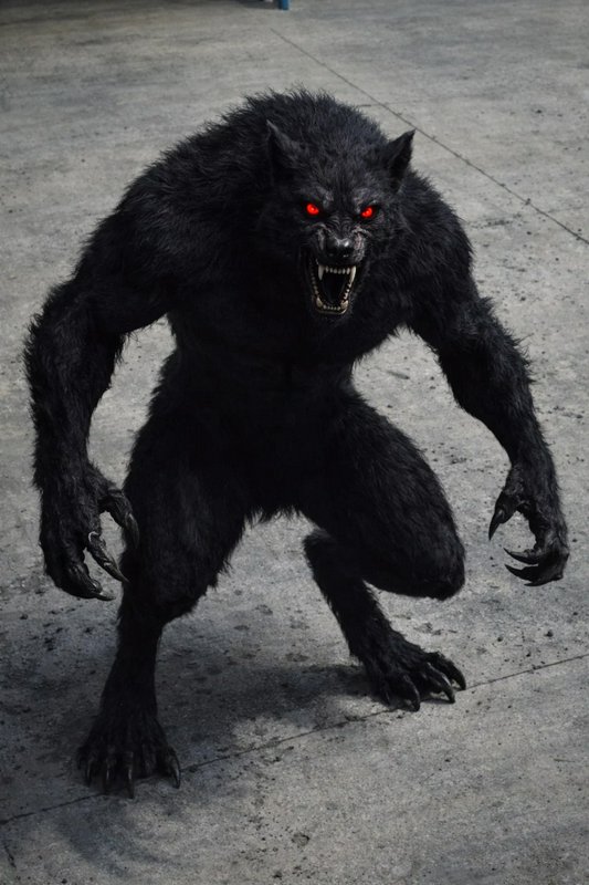 Dark snarling werewolf with red eyes on a concrete surface.