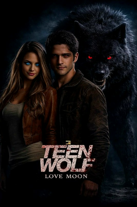 Two young adults stand closely in a moody, dark poster with a menacing black wolf behind them.