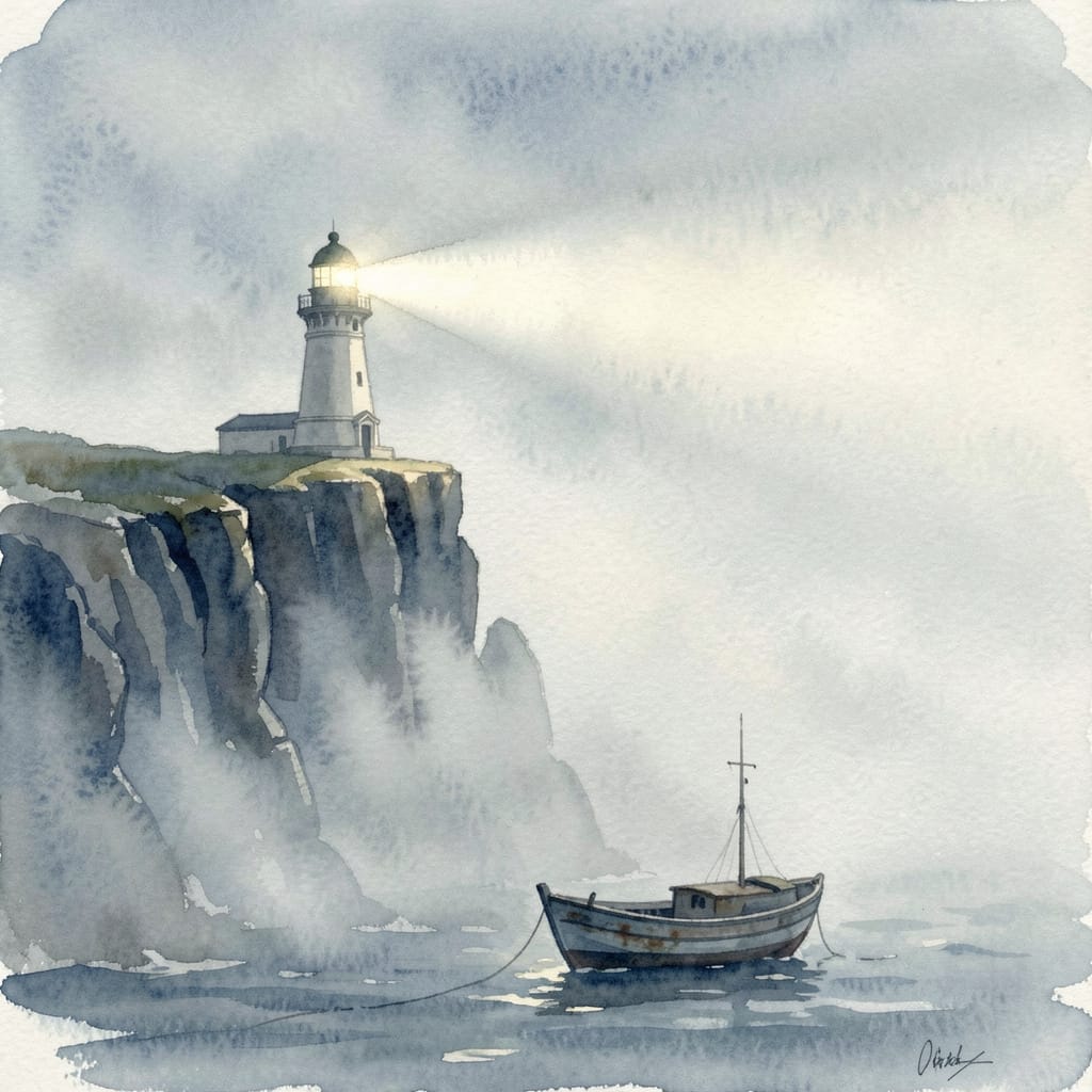 Watercolor lighthouse perched on cliffs with a small boat afloat on calm seas.
