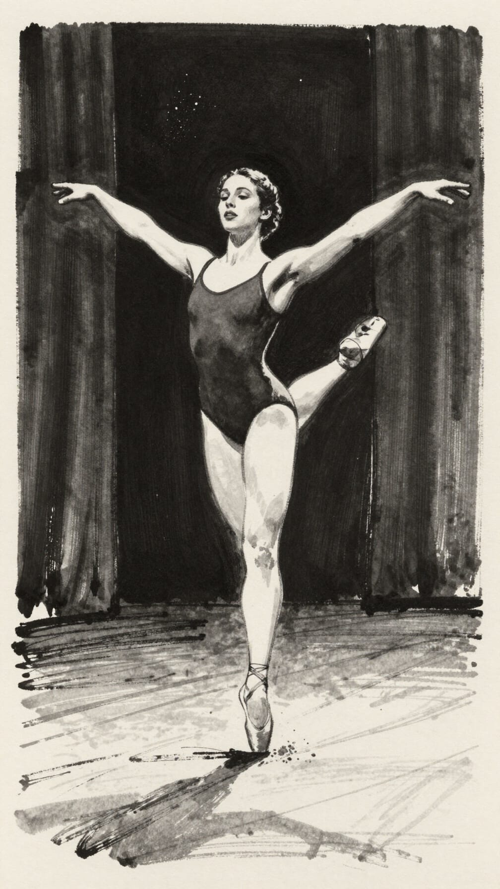 Ballet dancer in a black leotard performs an arabesque on stage with arms outstretched