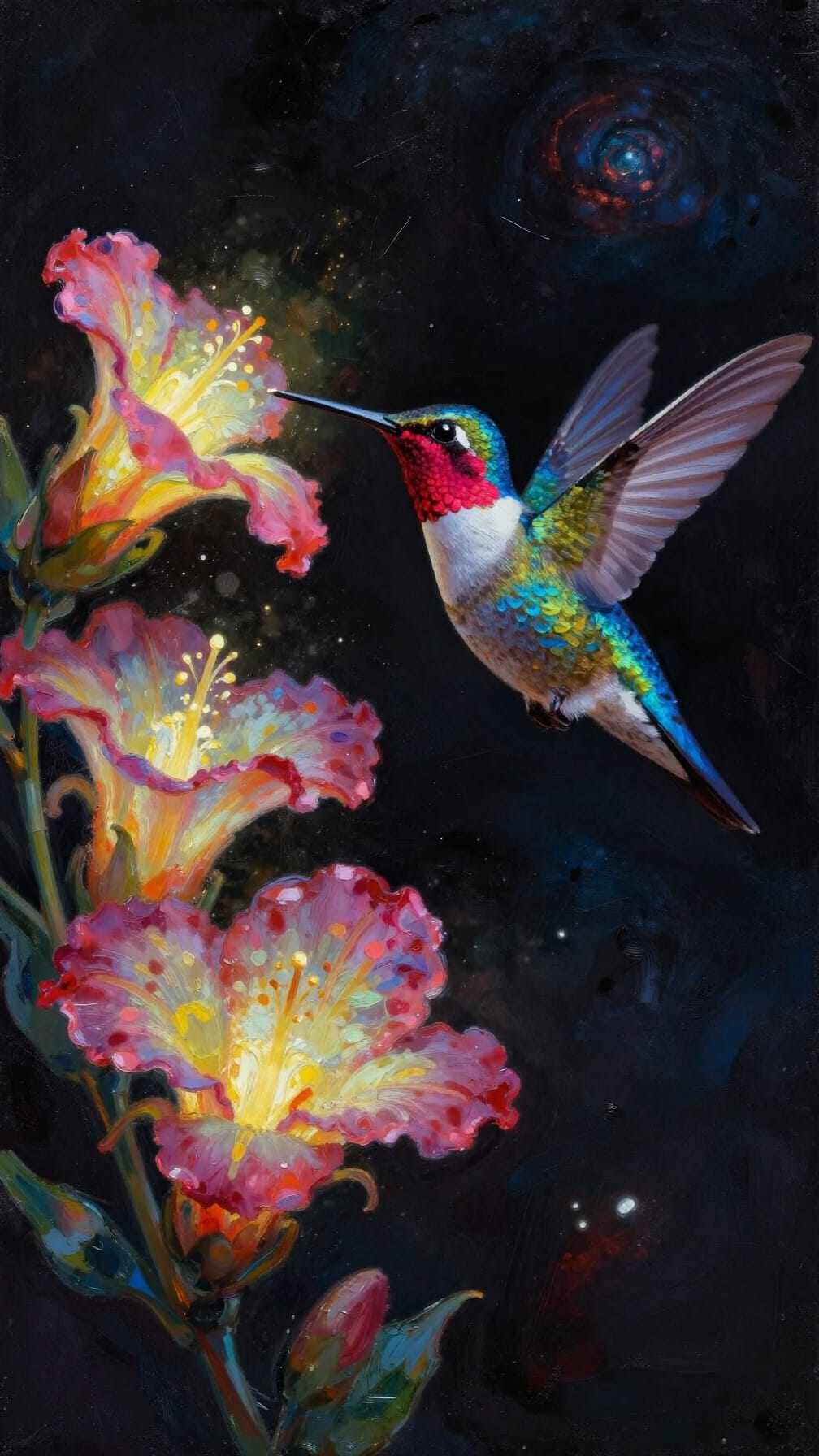 Colorful hummingbird hovering beside vibrant pink-yellow flowers against a dark cosmic background.
