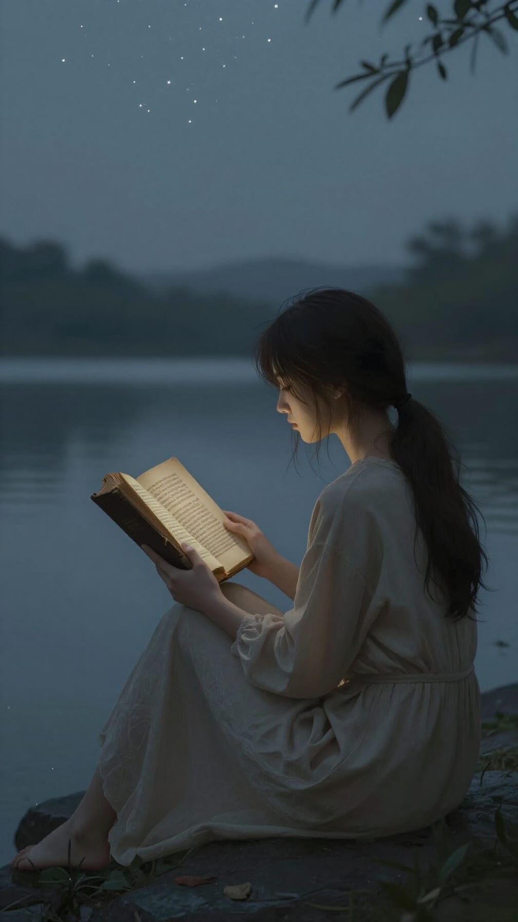 Woman in a soft dress reads a book by a calm lake at night under stars.