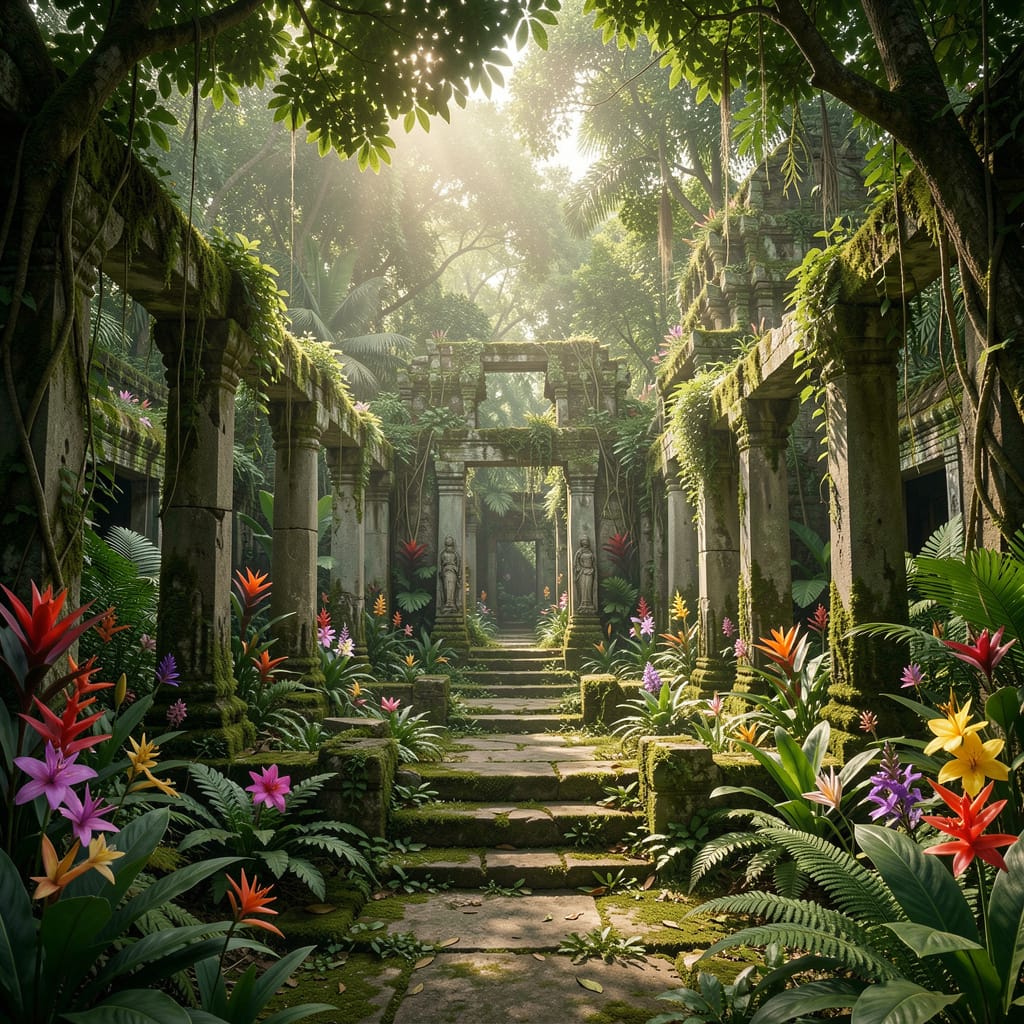 Overgrown ancient temple ruins in a lush jungle with stone steps and colorful tropical flowers.