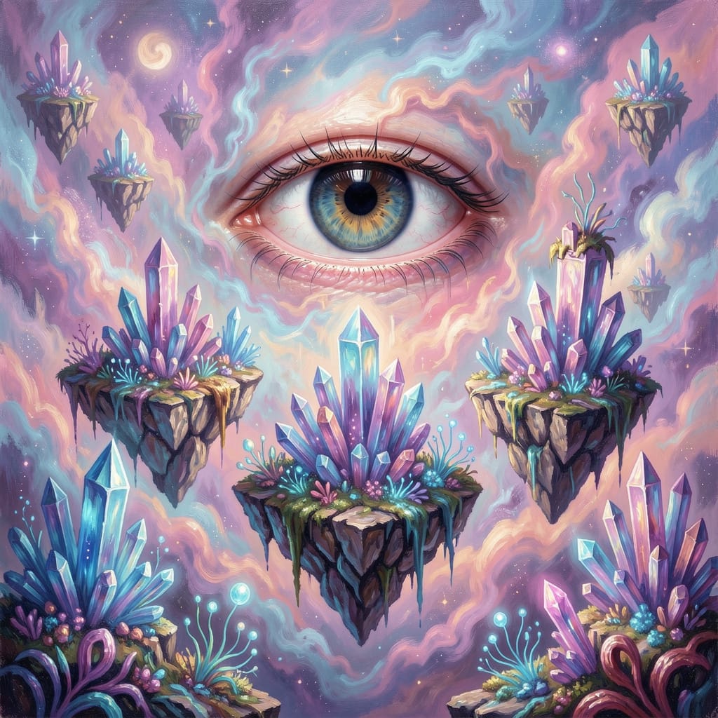 A surreal floating island landscape with crystal clusters and a giant central eye in a dreamy, colorful sky.