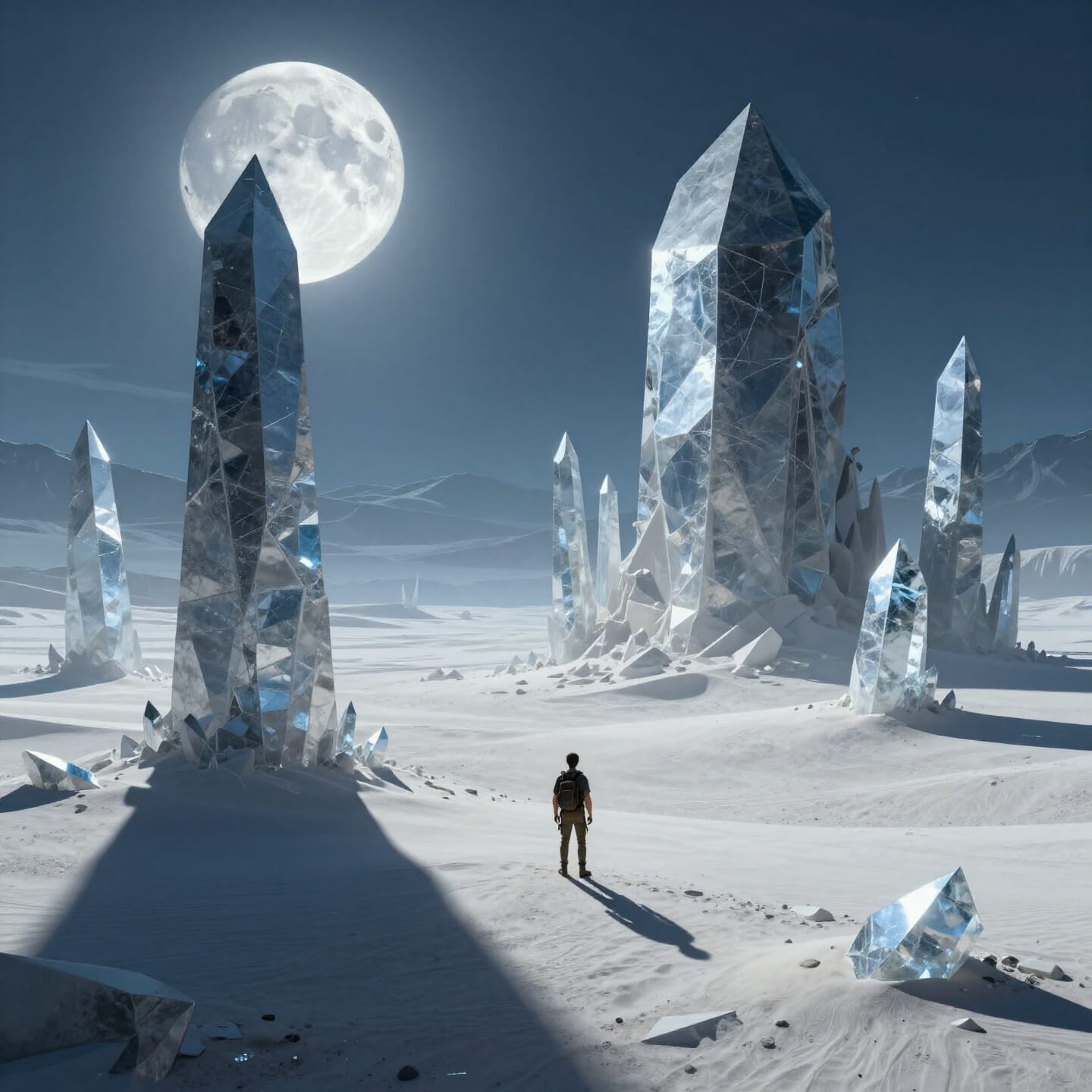 Surreal icy landscape with towering crystal spires and a lone explorer under a bright full moon.
