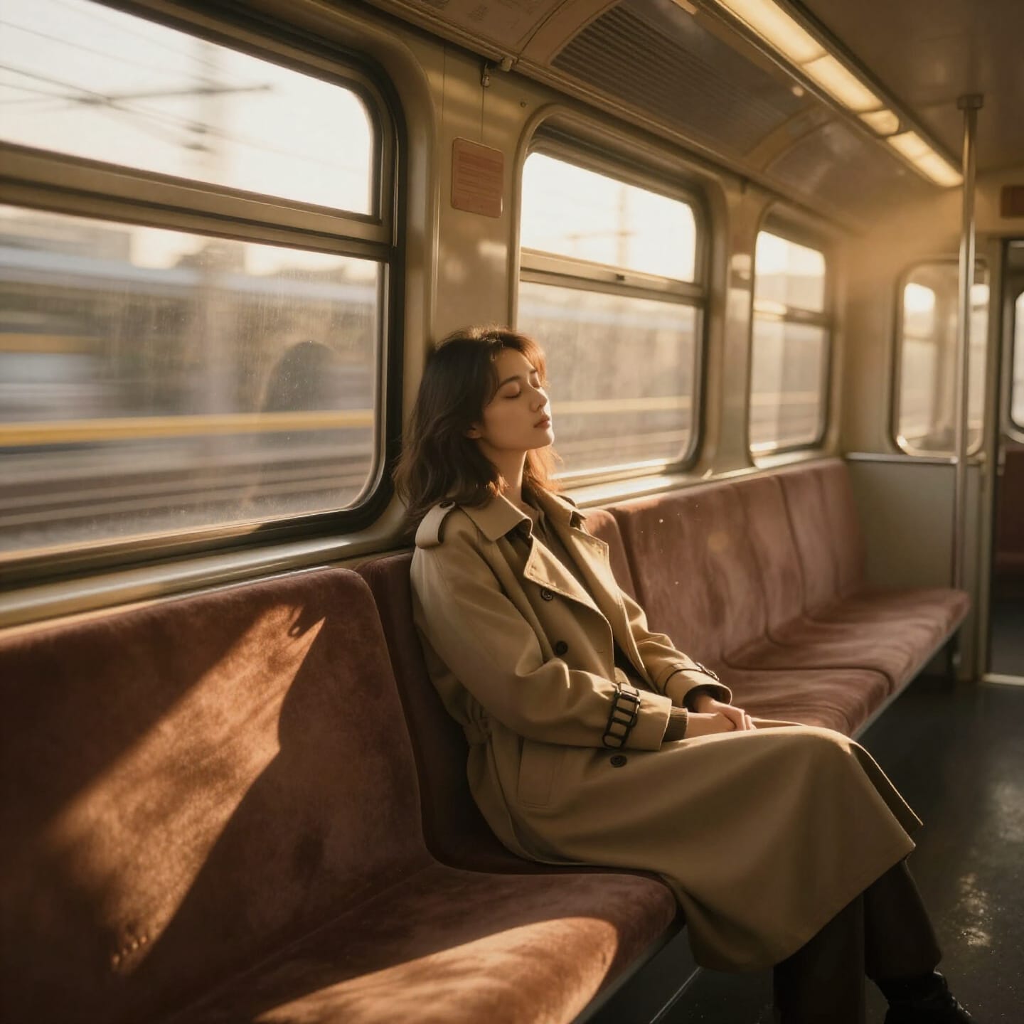 Woman in beige trench coat sitting on a train with warm sunset light.