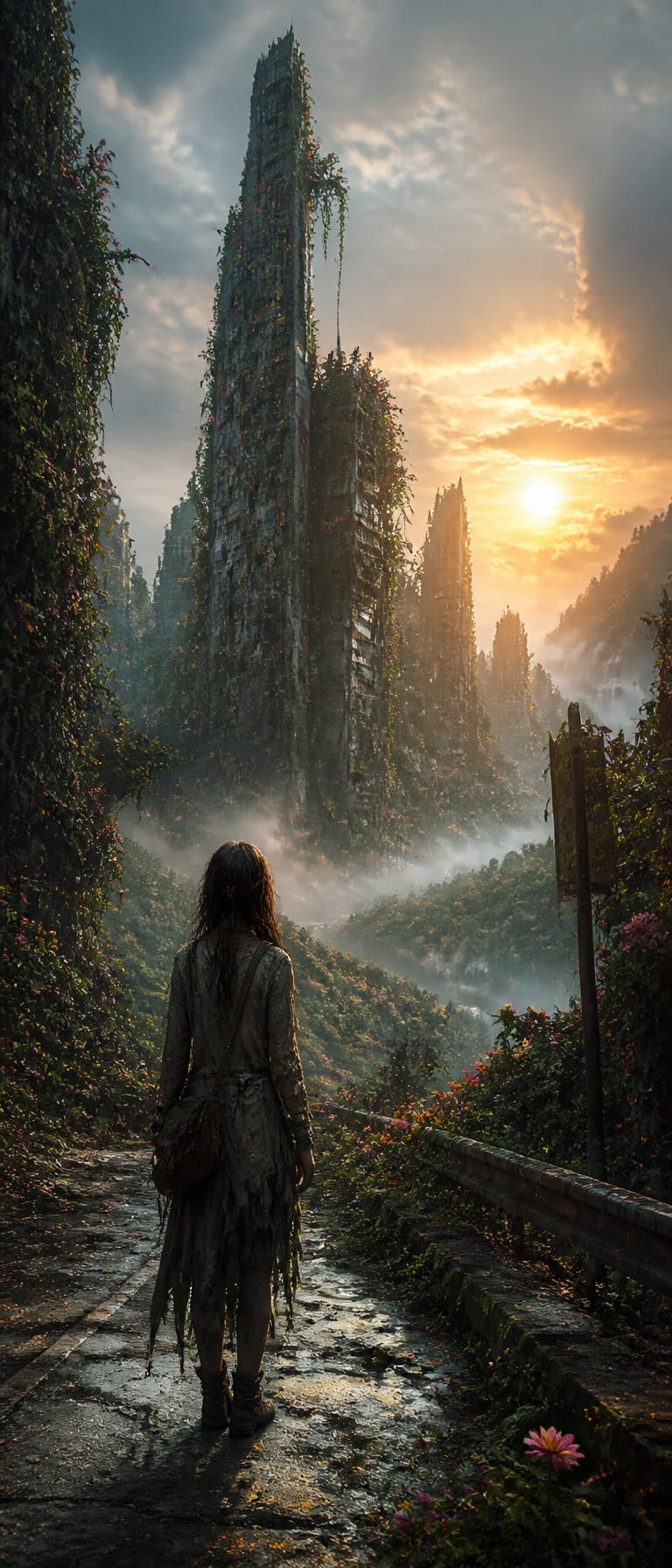 Person walking along a mossy path toward ivy-covered towering ruins at sunset.