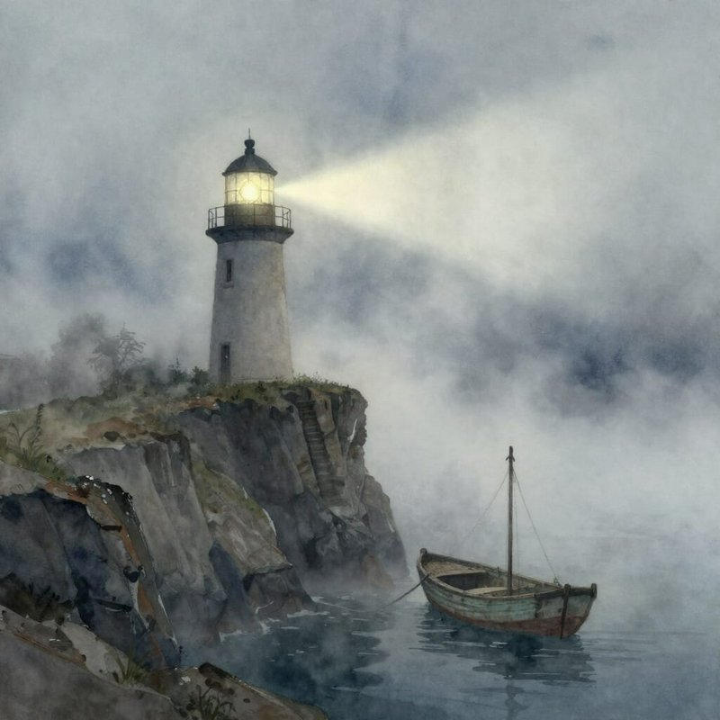 Misty coastal scene with a lighthouse on a rocky cliff and a small rowboat in calm, reflective water.