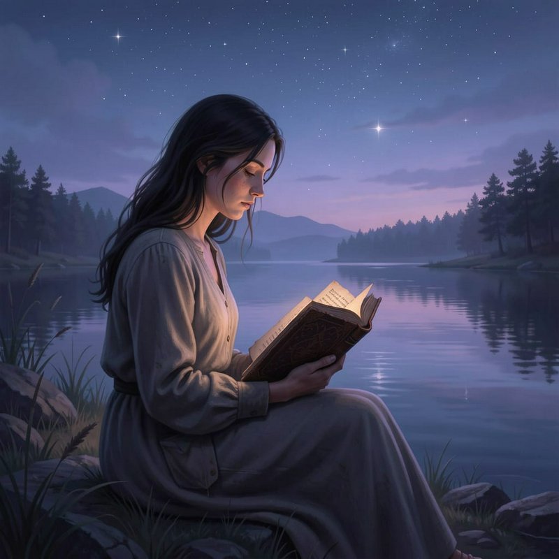 Woman reading a book by a calm lakeside at night under a starry sky.