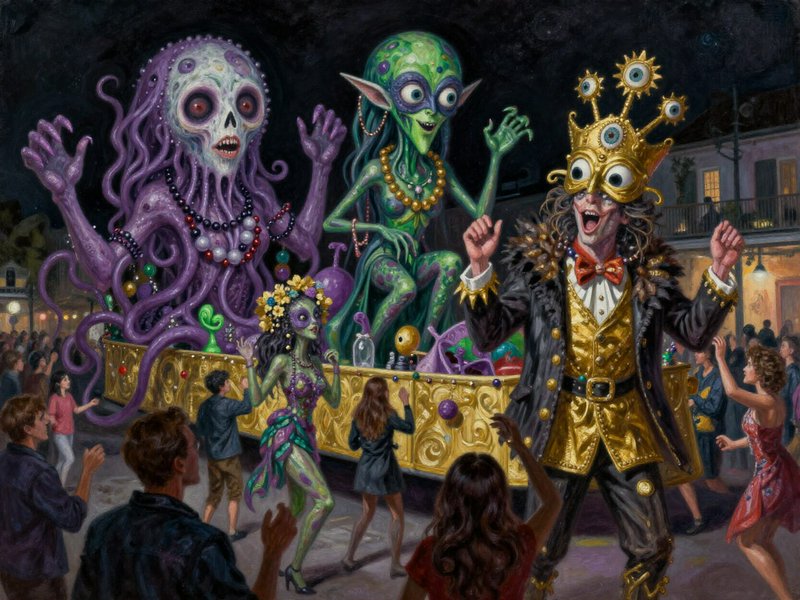 Nighttime parade scene with colorful alien creatures on a golden float and a crowned performer.