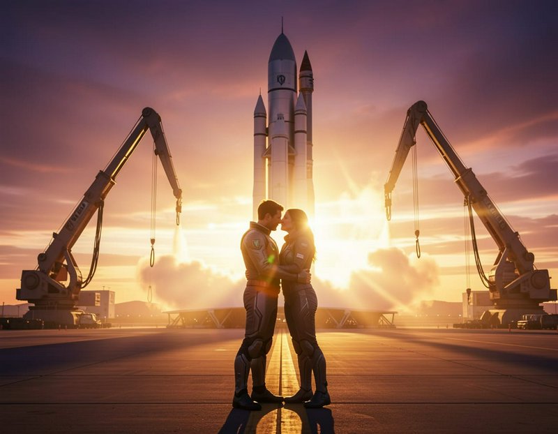 Astronaut couple in spacesuits kissing on a launch pad with a rocket and cranes at sunset