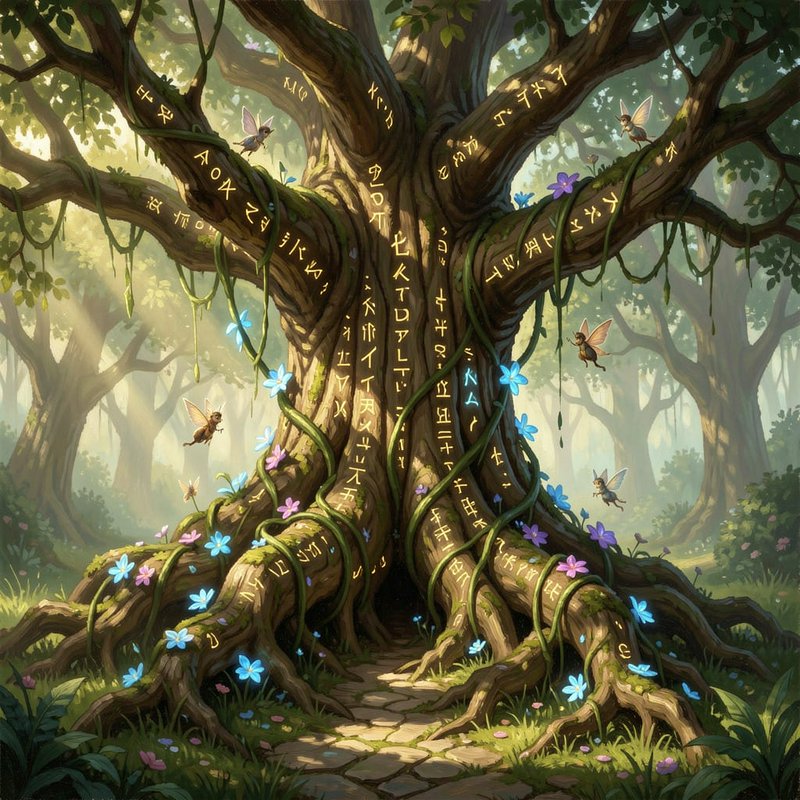 Ancient magical tree with glowing runes, vines, and blue flowers in a sunlit forest.