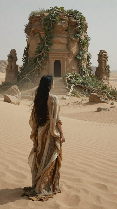 Woman in a flowing dress stands in sandy desert, facing an ivy-covered ancient temple ruin.