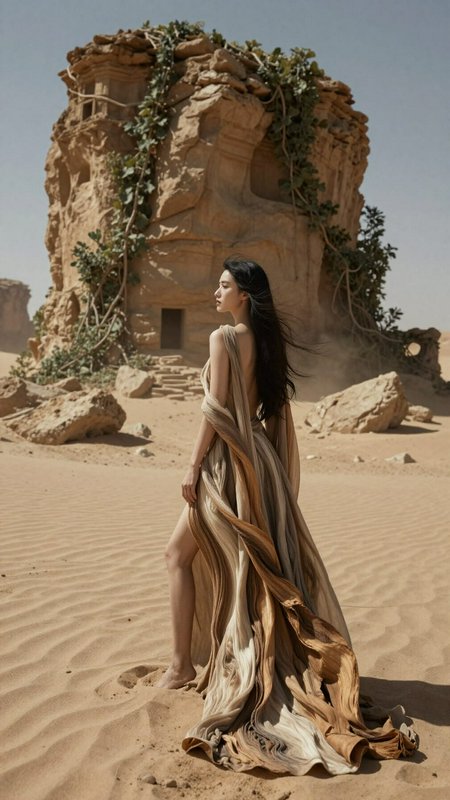 Woman in a flowing beige dress stands in a desert beside an ancient stone ruin covered in ivy.