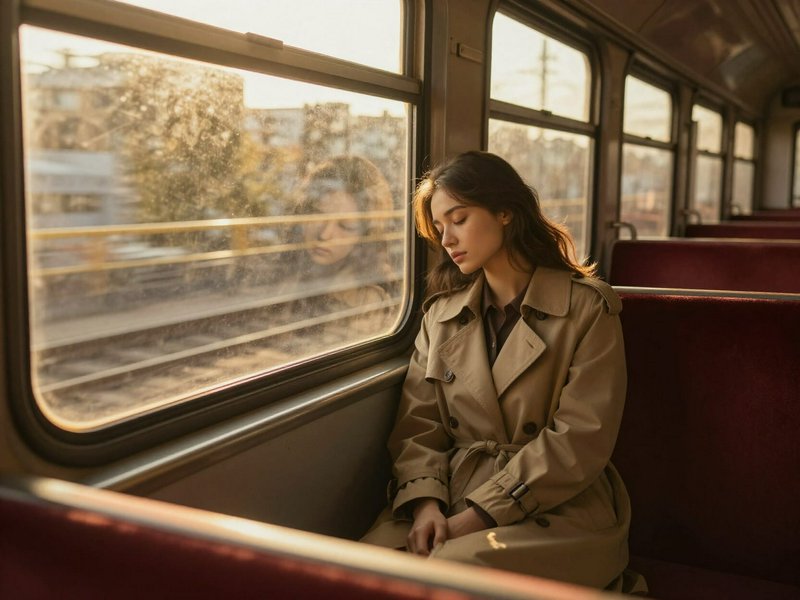 Woman in a beige trench coat sitting alone by a train window at sunset.