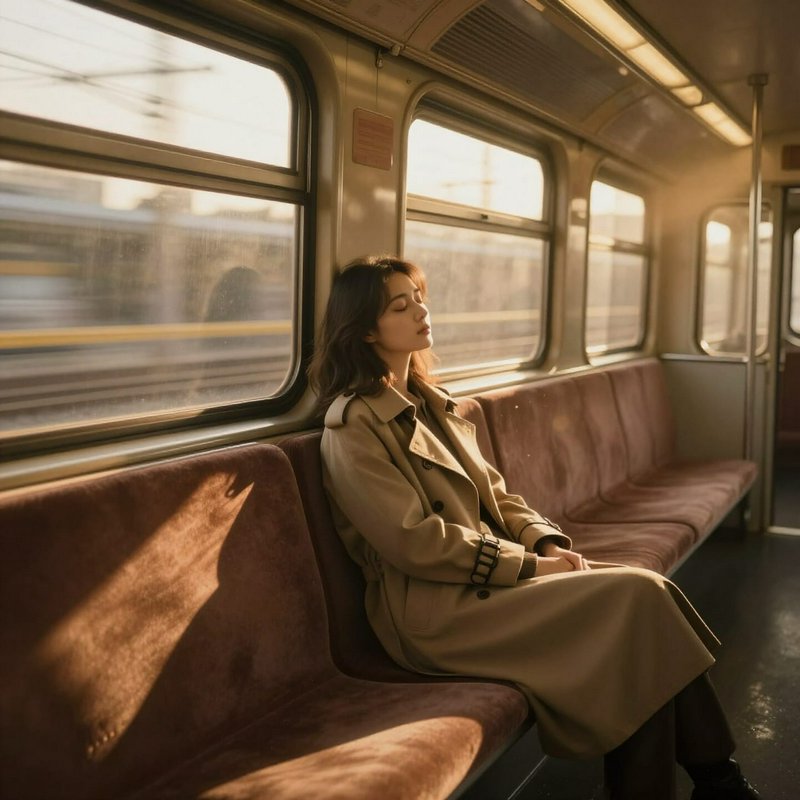 Woman in beige trench coat sitting on a train with warm sunset light.