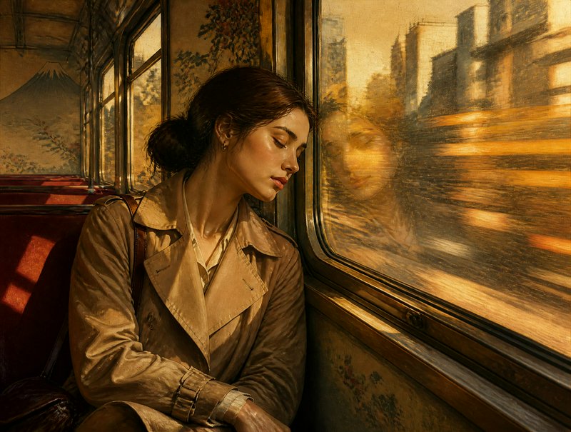 Woman in a tan trench coat on a vintage bus, head tilted, bathed in warm golden hour light.