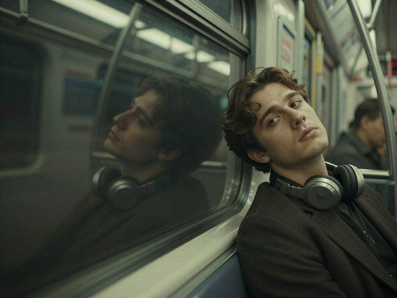 Young man with headphones leaning on a subway car seat, reflection visible in the window.