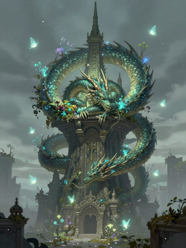 Emerald dragon coiling around a gothic tower with glowing flowers and butterflies.