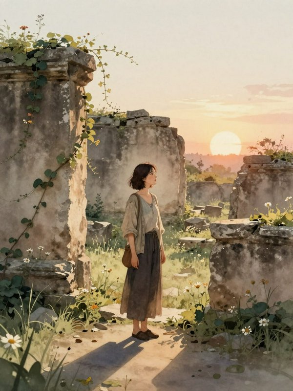 Woman standing among ancient ruins at sunset, vines climbing crumbling walls in golden hour light