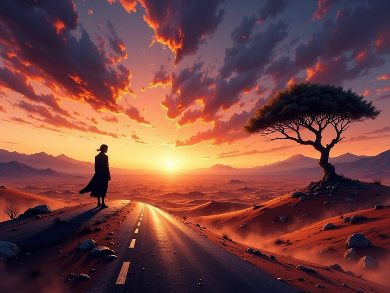 Silhouette of a person on a desert road at sunset with a lone tree and dramatic orange sky.