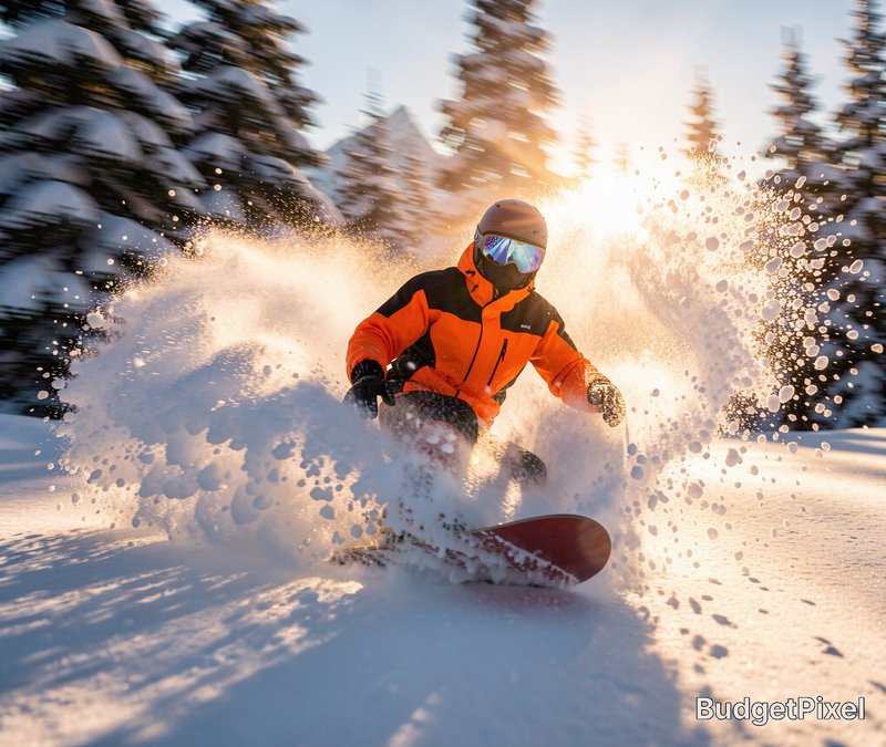 Snowboarder in orange jacket carving through fresh powder on sunny snowy slope.