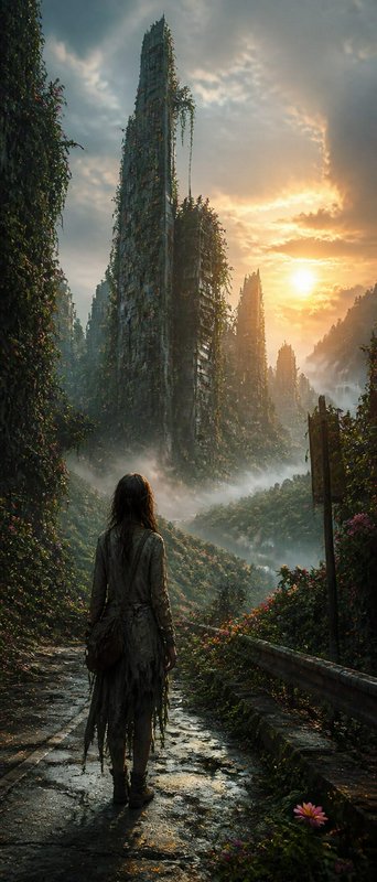 Person walking along a mossy path toward ivy-covered towering ruins at sunset.