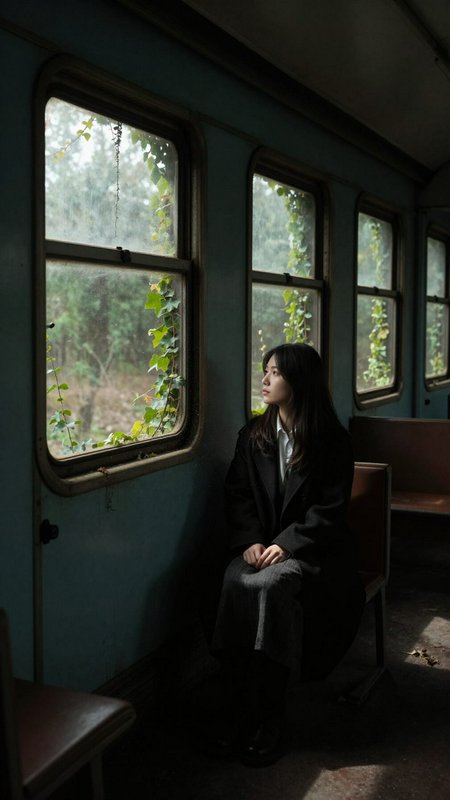 A woman in a dark coat sits alone in a vintage train car, gazing out a window with ivy growing ou...