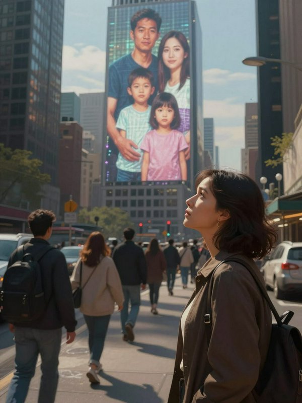 Woman in a city street gazing at a giant family portrait billboard on a tall building.